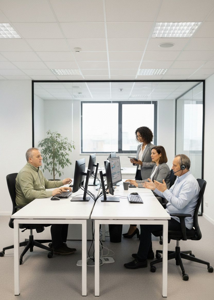 Consultores colaborando en oficina sellers Amazon